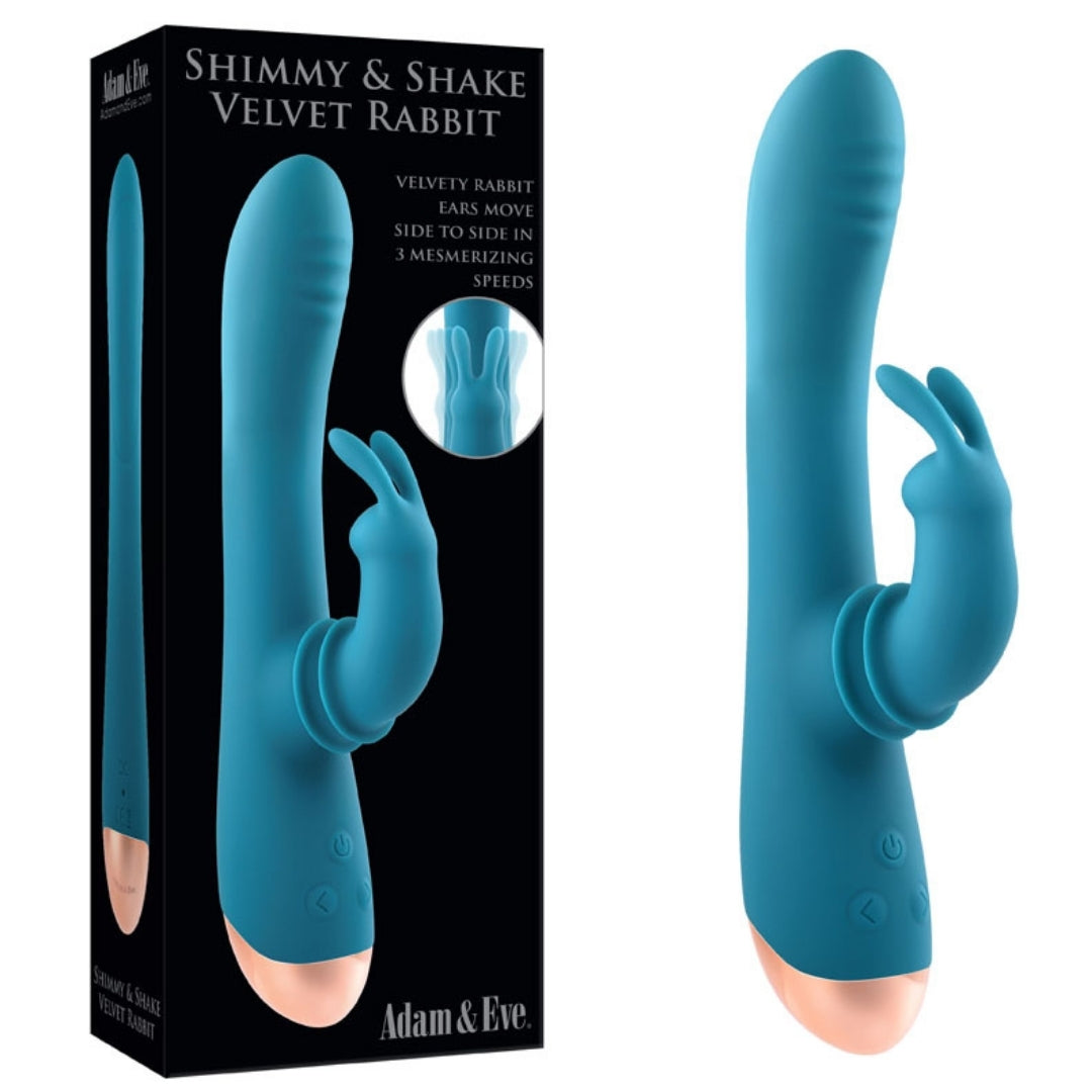 Adam & Eve SHIMMY & SHAKE VELVET RABBIT - Blue 22.4 cm USB Rechargeable Rabbit Vibrator