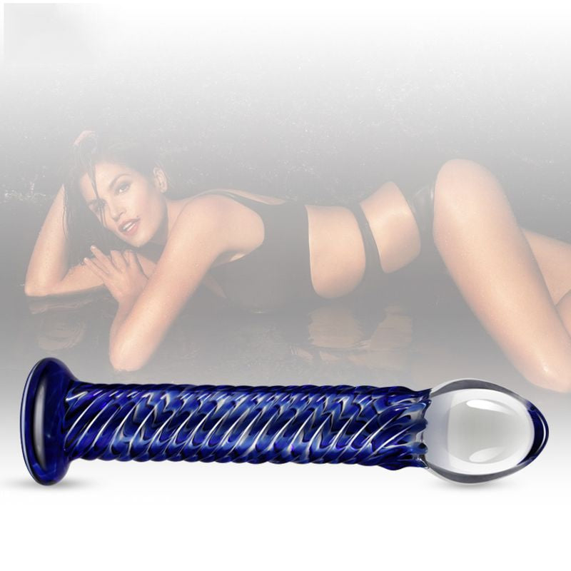  A young woman and Lovetoy Glass Romance 7.5" Dildo